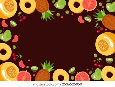 Exotic summer fruit frame border banner cover concept. Vegetarian healthy food decoration tropical wallpaper. Vector cartoon graphic design element illustration