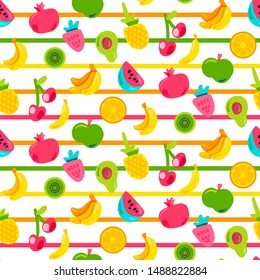 Exotic summer fruits vector seamless pattern. Fruits stickers on multicolored striped background