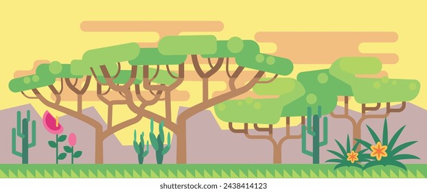 Exotic summer landscape with cactus and tropical trees. Flat background