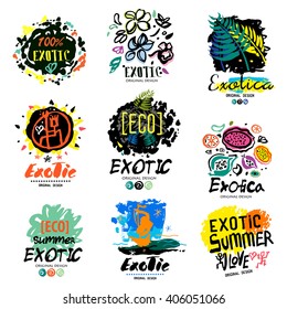 Exotic summer logo, illustration. Summer vacation drawings and symbols painted and handmade. 