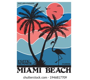 Exotic summer miami beach florida  island typography, tee shirt graphics, vectors, surf with flamingo retro design