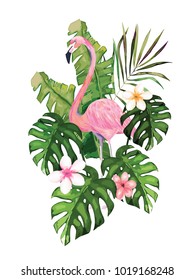 Exotic summer print with flamingo and tropical leaves. Isolated vector illustration on white background