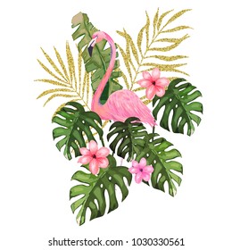 Exotic summer print with flamingo and tropical leaves. Isolated vector illustration on white background. Watercolor style