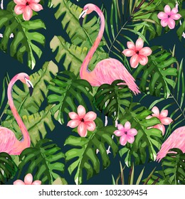 Exotic summer print. Seamless pattern with tropical leaves , flowers and flamingo. Hawaii, Miami style.Vector illustration