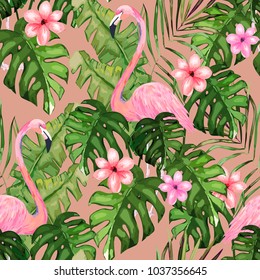 Exotic summer print. Seamless pattern with tropical leaves , flowers and flamingo. Hawaii, Miami style.Vector illustration. Watercolor style