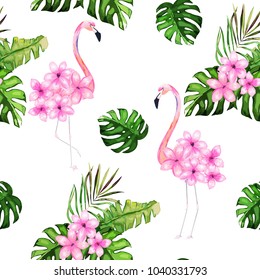 Exotic summer print. Seamless pattern with tropical leaves , flowers and flamingo. Hawaii, Miami style.Vector illustration. Watercolor style