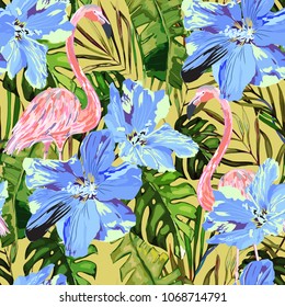 Exotic summer print. Seamless pattern with tropical leaves , flowers and flamingo.Jungle background.Vector illustration. Watercolor style