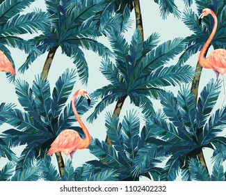 Exótica impresión de verano. Patrón sin problemas con palmera y flamingo. Estilo de color de agua.Ilustración vectorial