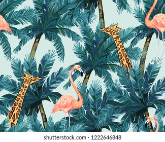 Exotic summer print. Seamless pattern with palm tree, giraffe and flamingo. Vector illustration