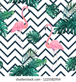 Exotic summer print. Seamless pattern with tropical leaves and flamingo. Hawaii, Miami style.Vector illustration