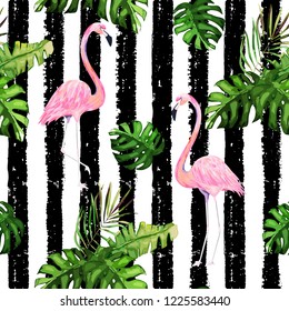 Exotic summer print. Seamless pattern with tropical leaves and flamingo. Hawaii, Miami style.Vector illustration