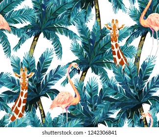 Exotic summer print. Seamless pattern with palm tree, giraffe and flamingo. Vector illustration