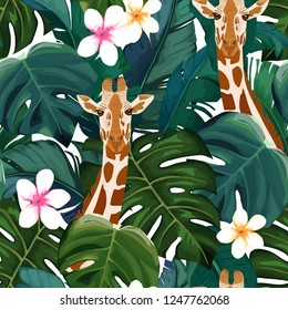 Exotic summer print. Seamless pattern with palm tree, giraffe and hibiscus flower. Vector illustration