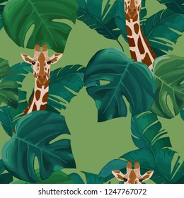 Exotic summer print. Seamless pattern with palm tree, giraffe. Vector illustration