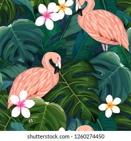 Exotic summer print. Seamless pattern with palm tree, leaves, hibiscus and flamingo. Watercolor style.Vector illustration