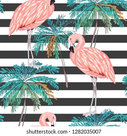 Exotic summer print. Seamless pattern with palm tree and flamingo. Watercolor style.Vector illustration