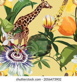 Exotischer Sommerdruck. Nahtloses Muster mit Kokospalmen, Giraffe und Passionsblume, Orchideen, Orangenfruchtgrafik. Vintage-Hintergrund.	