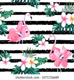 Exotic summer print. Seamless stripe pattern with tropical leaves , flowers and flamingo.Jungle background.Vector illustration. Watercolor style