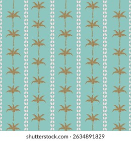 Exotic summer print. Seamless stripe pattern with palm trees and vertical border stripes. Jungle wallpaper background.