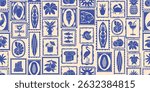 Exotic summer seamless pattern, coastal Mediterranean mosaic repeat background, travel surf print. Tropical abstract blue texture, hand drawn ocean tile decoration banner. Aloha beach summer pattern