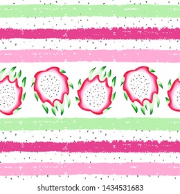 Exotic summer seamless pattern with dragonfruit on striped background. Vector illustration