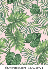 Exotic summer seamless pattern. Jungle summer backfround with tropical plm leaves. Vector illustration.