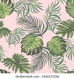 	
Exotic summer seamless pattern. Jungle summer backfround with tropical plm leaves. Vector illustration