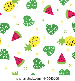 Exotic summer seamless pattern with watermelon and pineapple and white background