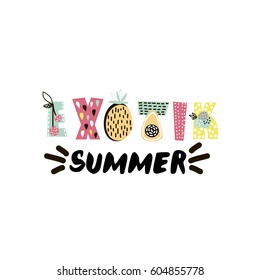 Exotic summer text with creative exotic fruits. Trendy t-shirt print. It can be used for apparel, bags, t-shirt print, poster.Vector Illustration 