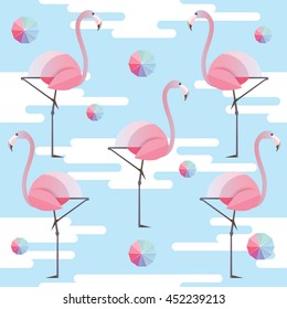 Exotic summer theme seamless pattern vector illustration with pink flamingo birds, white clouds and colorful beach umbrellas isolated on blue background in modern trendy style