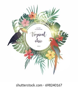 Exotic summer tropical background with leaves, flowers, birds. Vector logo, design, template, icon, card, poster etc