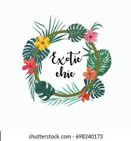 Exotic Summer Tropical Background With Leaves, Flower. Vector Logo, Design, Template, Icon, Card, Poster Etc