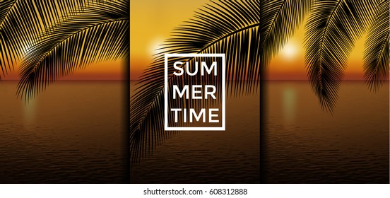 Exotic summer vacation backgrounds set. Sunset vector illustration.