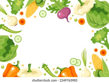 Exotic summer vegetable frame border banner cover concept. Vegetarian healthy food decoration tropical wallpaper. Vector cartoon graphic design element illustration