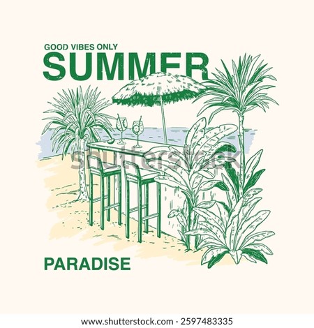 Exotic summer vintage poster, vector hand drawn tropical vacation illustration, Hawaii island bar. Ocean beach resort print, palm tree, holiday jungle relax typography design. Tropical summer view