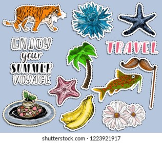 Exotic summer vocation stickers set. Traveling time.