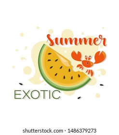 EXOTIC SUMMER. Yellow watermelon and red crab. Slice of watermelon on a background of juice with a crab and the inscription. Concept of the summer season. Sliced ​​ripe yellow watermelon with seeds. 