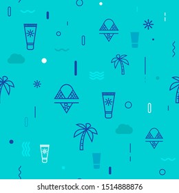 Exotic summertime color seamless pattern. Beach items on blue background. Sea rest, sunbath, skincare, enjoy, relax. Decorative summer trendy textile, wallpaper, wrapping paper vector.