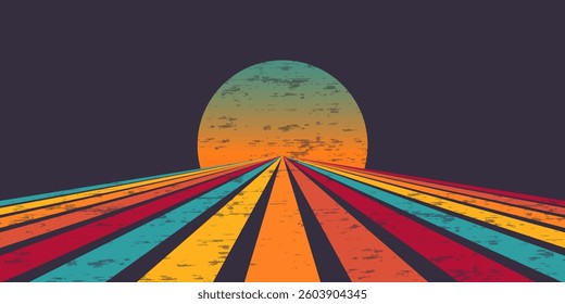Exotic sun retro banner background. Vintage colourful grunge sunburst vector illustration.