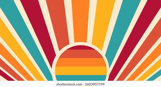 Exotic sun retro banner background. Vintage colourful grunge sunburst vector illustration.