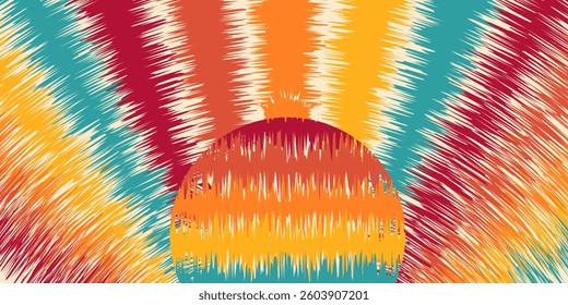 Exotic sun retro banner background. Vintage colourful grunge sunburst vector illustration.