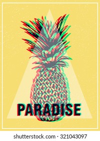 Exotic sunny background with pineapple.Summer tropical T-shirt graphics print.