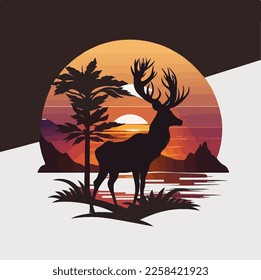 Exotic sunset deer silhouette flat logo design