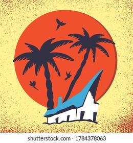Exotic sunset in paradise with tropical house, palm trees, and parrots.