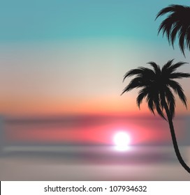 Exotic sunset vector background with sea and palm trees. EPS10