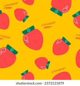 Exotic and tasty organic and natural strawberries. Fruit with leaf, ripe meal from garden, summer food ornament, fruity decor. Seamless pattern, wallpaper or background print. Vector in flat style