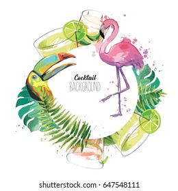 Exotic template design with flamingo, toucan, drinks and tropical leaves.