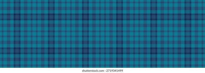 Exotische Textil-Muster Textur, 1970er prüfen Vektor nahtlos. Retro kariertes Tartan-Hintergrundgewebe in blauen und türkisen Farben Palette.