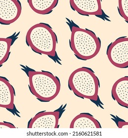 Exotic thai pitaya with seeds hand drawn vector illustration. Dragon fruit seamless pattern for fabric textile.