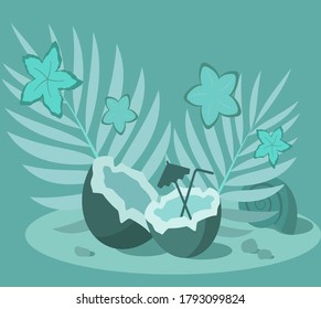 Exotic theme with palm leaf, shell, coconut and flowers. Monochrome turquoise color. Drawing for print, site, presentation, background, souvenir, sticker, greeting card, gift.